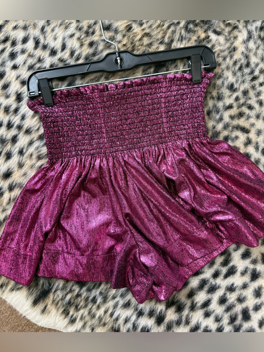 QUEEN OF SPARKLES Metallic Magenta Mini Swing Shorts with Smocked Waist